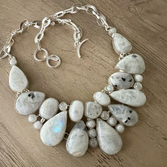 925 MOON GODDESS Rainbow Flash Moonstone Collar Bib Necklace - Picture 8 of 9